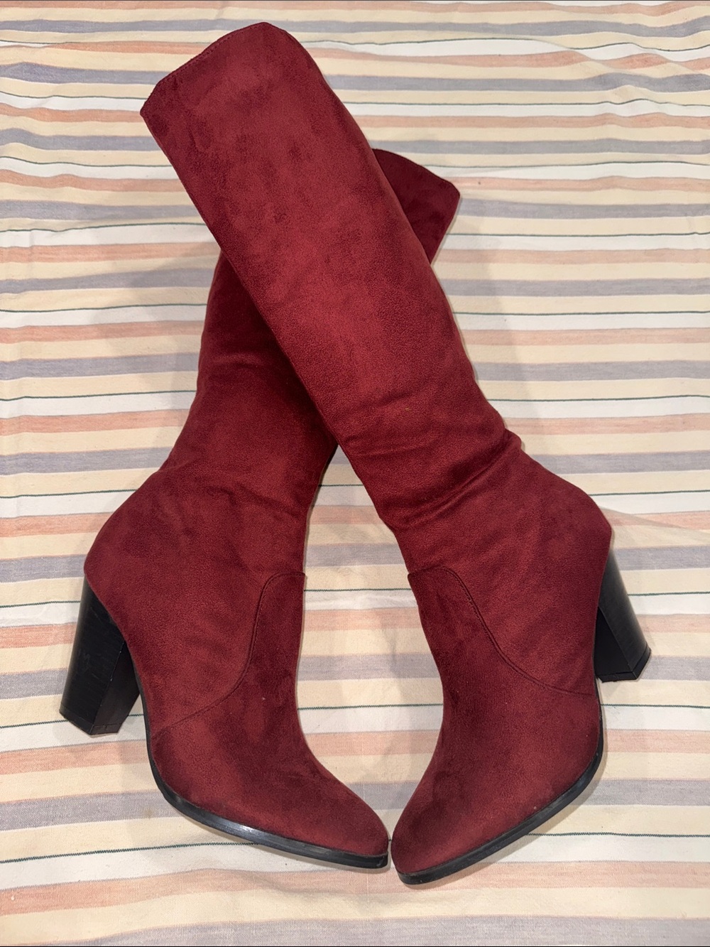 Women’s Burgundy Suede Knee High Heeled Boots